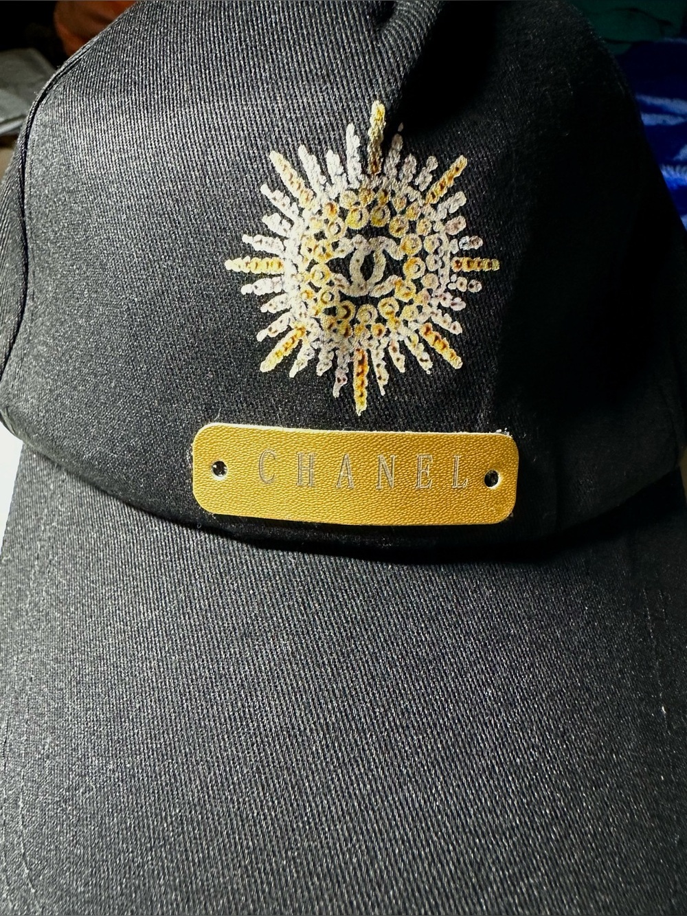 CHANEL Novelty Gift Set: Black Baseball Cap Gold Sunburst Emblem w/ Key Chain - Picture 2 of 16